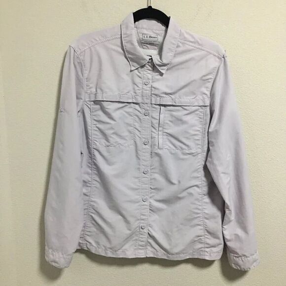 LL Bean Women Lavender Collared Pockets Long Roll Tab Sleeve Button Shirt Top L - Picture 1 of 5